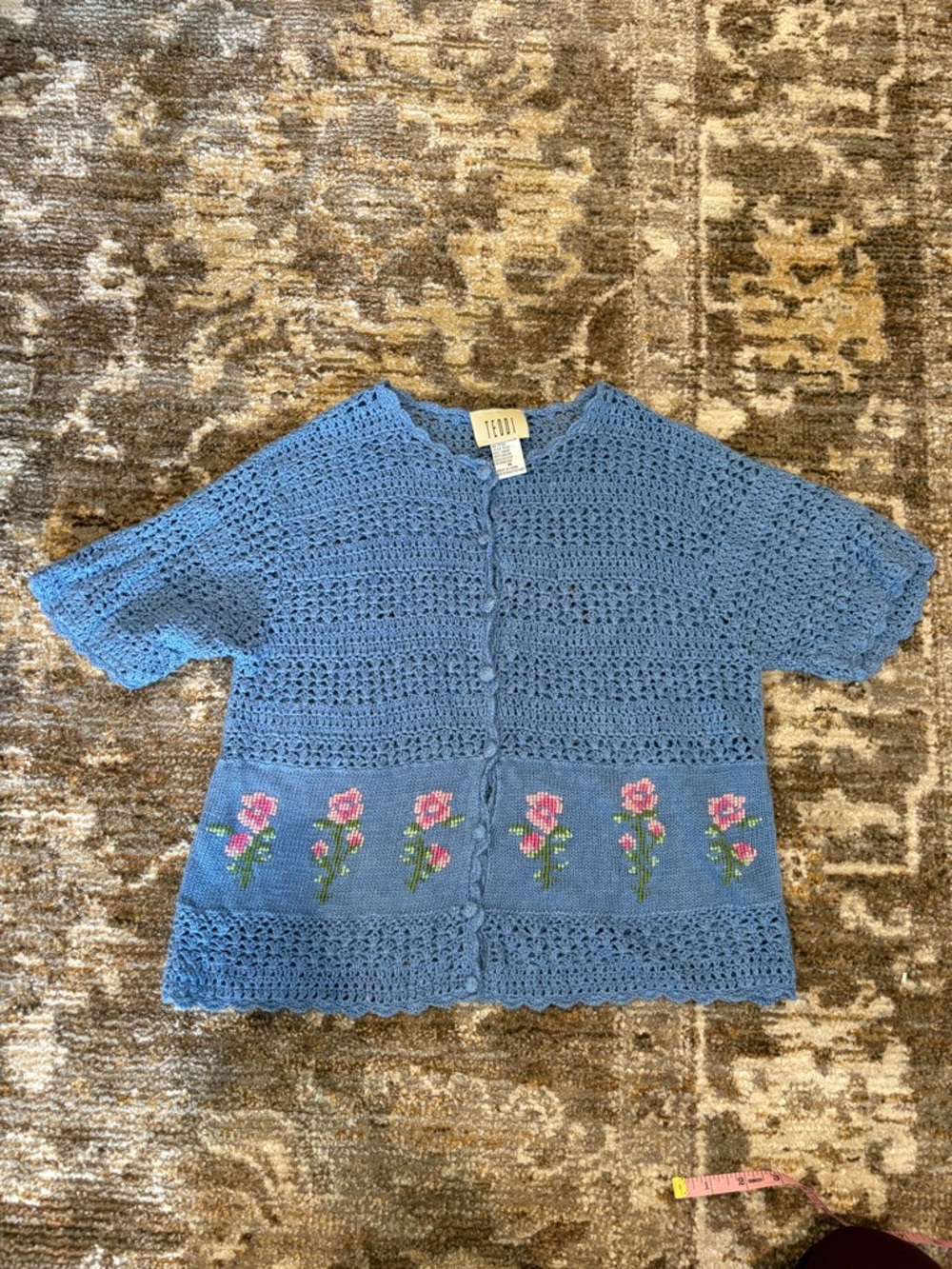 Teddi Blue Crochet Floral Button-Front Cardigan